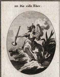 Allegory of Vain Glory Holding a Trumpet and Breathing the Smell of Incense with Satisfaction. Engraving in 