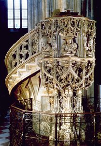 Pilgrams Pulpit, decorated with busts of the Four Fathers of the Church, theologians representing the four physiognomic temperaments, the sculptor himself looks out from a window below, by Anton Pilgr
