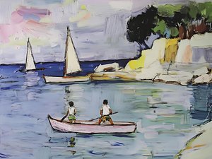 Boys Rowing Coastal Bay by Avanesova Elena