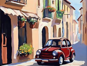 Red Car on European Street by Avanesova Elena