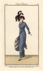 Woman in Dress and Long Jacket of Blue Wool Velvet