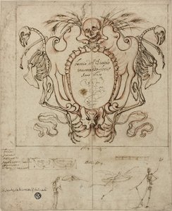 Funereal Cartouche with Inscription and Sketches of Skeletons and Ornamental Details