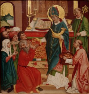 The Saint Distributes Bread and Wine to the People as Bishop of Liège by Badener Nelkenmeister