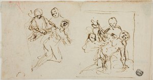 Two Composition Sketches of Collapsing Figure Supported by Two Other Figures (recto); Compositional Sketch of Kneeling Figure Accompanied by Two Other Figures