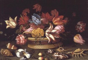 A Basket of Flowers with Shells on a Ledge by Balthasar van der Ast