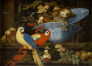 Fruit Still Life with Two Parrots by Balthasar van der Ast