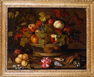 Grapes, Apples, a Peach and Plums in a Basket with Lily of the Valley