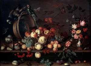 Still Life with Fruits, Flowers and Parrots by Balthasar van der Ast