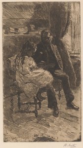 Interior with a Man and a Girl Reading a Book Together by Barbara Elisabeth van Houten (signed by artist)