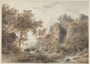 In a Rocky Landscape, Peasants Praying Before a Chapel by Barend Cornelis Koekkoek