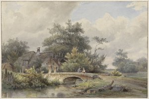 Landscape with Stone Bridge near a House by Barend Cornelis Koekkoek