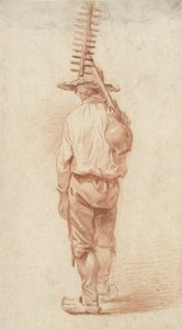 Standing Farmer with Rake and Jug over Shoulder, Seen from the Back