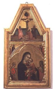Madonna and Child with St. John the Baptist and St. Catherine, with Crucifixion Scene Above