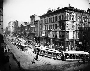Streetcars exiting the LaSalle Street tunnel, Chicago, Illinois, USA, c.1905 by Barnes and Crosby