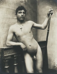Nude Male with Staff and Crucifix Necklace