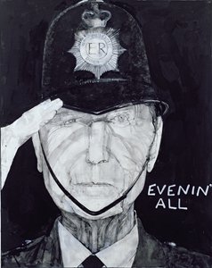 Portrait of Jack Warner as Dixon of Dock Green, illustration for The Listener, 1970s by Barry Fantoni