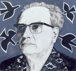 Portrait of Olivier Messiaen, illustration for The Sunday Times, 1970s by Barry Fantoni