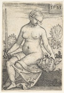 Judith, Seated Nude with a Sword in Her Right Hand, Gazing Down at the Head of Holofernes, 1523 by Barthel Beham