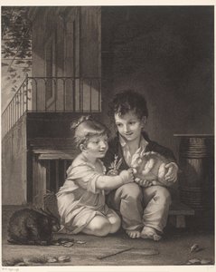 Two Children with Rabbits by Barthélémy Joseph Fulcran Roger