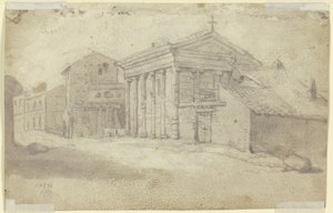Street with an ancient Ionic temple, now a Christian church with an added colonnade by Bartholomeus Breenbergh