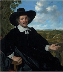 Portrait of Gabriel Marselis, Three-Quarter-Length, Seated, Before a Balustrade, a Landscape with a Country House and a Distant View of Haarlem Beyond