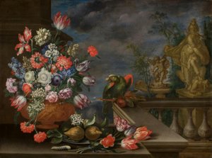 Still Life with Flower Vase, Citrus Fruits, Parrot, and Fountain Sculpture