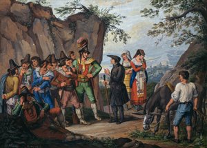 Negotiations for surrender between brigand Gasparone and Archpriest Pellegrini by Bartolomeo Pinelli