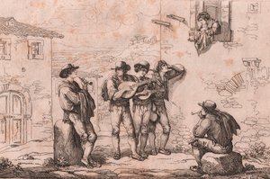 Serenade in Rome, etching by Bartolomeo Pinelli