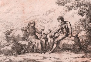 Two Commoners with a Baby, Schiavi, Abruzzo, Etching by Bartolomeo Pinelli