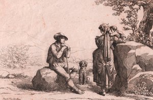 Two Commoners with a Baby and a Dog in Fraine, Abruzzo, etching
