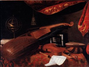 Still Life with Musical Instruments (Violin, Lute and Spinette and Armillary Sphere) - Painting by Bartolomeo Bettera, circa 1660