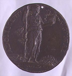 Portrait medal depicting a female figure holding a staff (bronze) by Bartolommeo Melioli