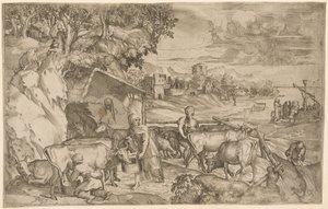 Landscape with cattle by Battista Angolo del Moro