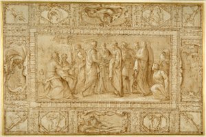 A marriage ceremony and other designs to decorate a ceiling by Battista Franco