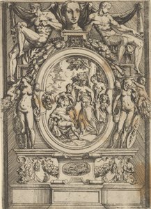 The Judgment of Paris, Man Seated at Left Reaches Out to a Woman Who is Flanked by by Battista del Moro