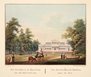 Het Paviljoen te Jaarlem, van den Hout af te zien. Vue du Pavillon de Harlem, prise du Bois by Bendrik Greeven