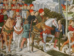 Galeazzo Maria Sforza, Duke of Milan (1444-76), extreme left, on a brown horse and Sigismondo Pandolfo Malatesta, ruler of Rimini (1417-68) beside him on a grey horse (detail) by Benozzo di Lese di Sandro Gozzoli