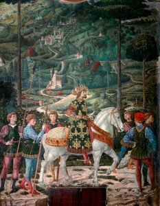 The Byzantine Emperor The Journey of the Magi. Cortege of the Magi of Jerusalem to Bethlehem. Detail representing the Byzantine Emperor John VIII Paleologue. Detail. Fresco of the Magi by Benozzo di Lese di Sandro Gozzoli