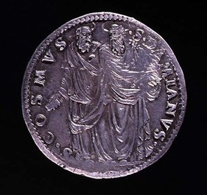 Reverse of Silver Coin Depicting SS Cosimo and Damien Standing and Gazing at One Another by Benvenuto Cellini