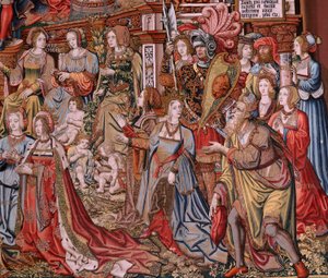 Flemish tapestry. Series The Honours. Justice. Ninth tapestry in the series. Model Cartoonists from the circle of Bernard van Orley and Jan Gossaert (Mabuse). Manufacture Pieter van Aelst, Brussels. Ca 1550. Fabric Gold, silver, silk and wool. by Bernaert van (circle of) Orley