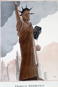 Cartoon by Franklin Roosevelt in Statue of Liberty - Illustration by Bernard Becan (Bernhard Kahn) (1890-1943) In “Fantasio” from 01/12/1932 by Bernard Becan