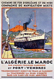 Advert Poster for French Railway to Algeria and Morocco from France via Limoges Toulouse Narbonne and Port Vendres c. 1900 by Bernard Lachevre