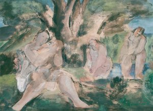 Three women and child bathing under a tree