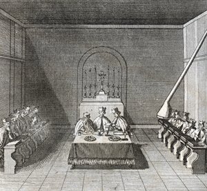 Different stages of the conclave, meeting of cardinals for the election of a new pope: the election of the new pope during the conclave in the Sistine chapel, Vatican: ballots of the cardinals for the election of the pope) Engraving from Illustration by Bernard Picart
