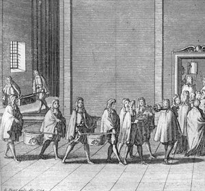 Different stages of the conclave, meeting of the cardinals for the election of a new pope: the rations are made during the conclave (Vatican: arrival of food during the conclave) Engraving from Illustration of religious ceremonies and customs of all people by Bernard Picart