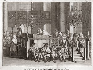 Judaism: the sound of the horn on the first day of the year (sound of the shofar on Rosh Hashana) Engraving from Illustration of religious ceremonies and customs of all peoples