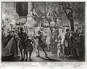 Judaism: the way of leading the spouses of the Law home - a representation of the procession by which the community honoured, at the feast of Simhat Torah, those who had been chosen, one to bless the reading of the last passage of the Torah and the other t