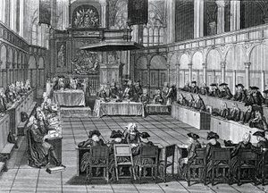 Protestant Synod held in 1730 in Nieuwe Kerk (New Church) in Amsterdam, Netherlands, engraving by Bernard Picart