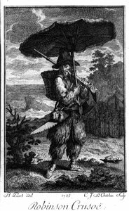 Representation of Robinson Crusoe on his deserted island. Engraving by Bernard Picart (1673-1733) illustrating the novel by Daniel Defoe (1660-1731)