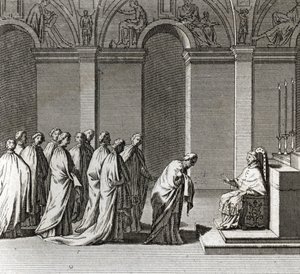 Solemn Inauguration of the Pontificate: The Adoration of the Pope in the Sistine Chapel (Papal Inauguration: Worshiping of the Pope in the Sistine Chapel) Engraving from Illustration of Ceremonies and Religious Customs of All Peoples of the World by Bernard Picart